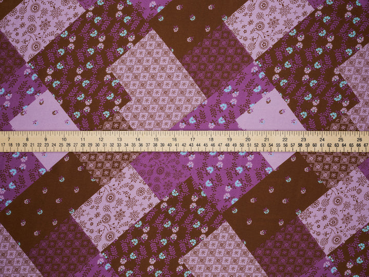 Brown  and purple  floral  Patchwork  print -  silky satin  Lightweight   fabric