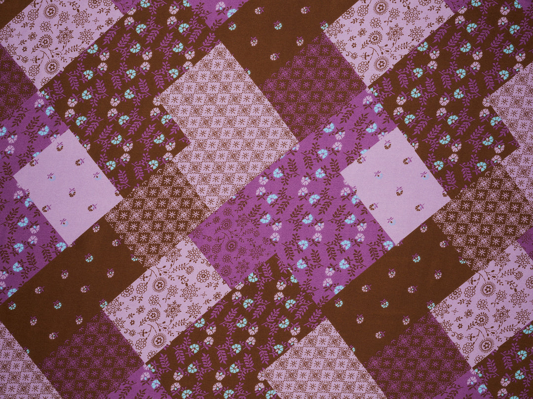 Brown  and purple  floral  Patchwork  print -  silky satin  Lightweight   fabric