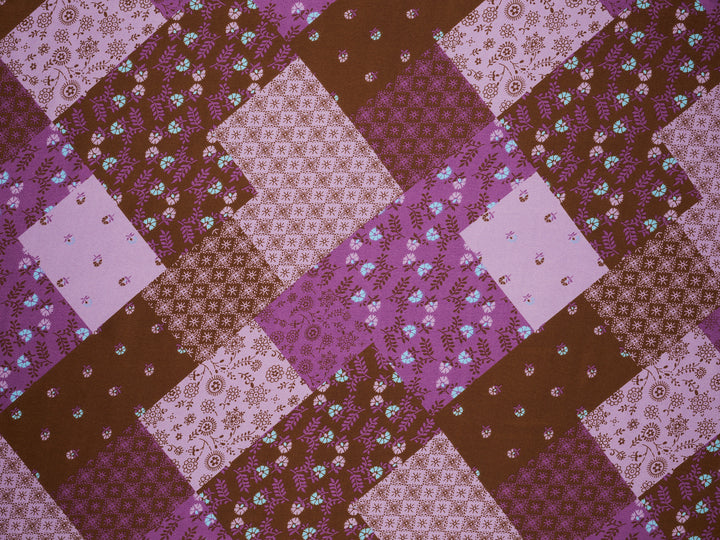 Brown  and purple  floral  Patchwork  print -  silky satin  Lightweight   fabric