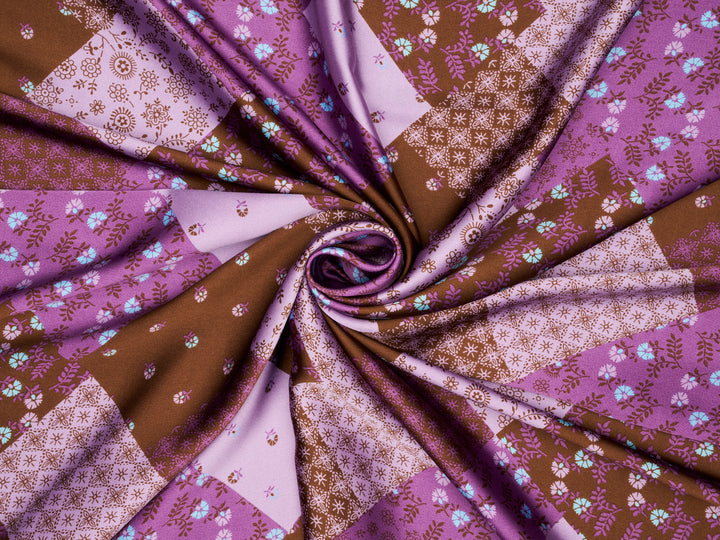 Brown  and purple  floral  Patchwork  print -  silky satin  Lightweight   fabric