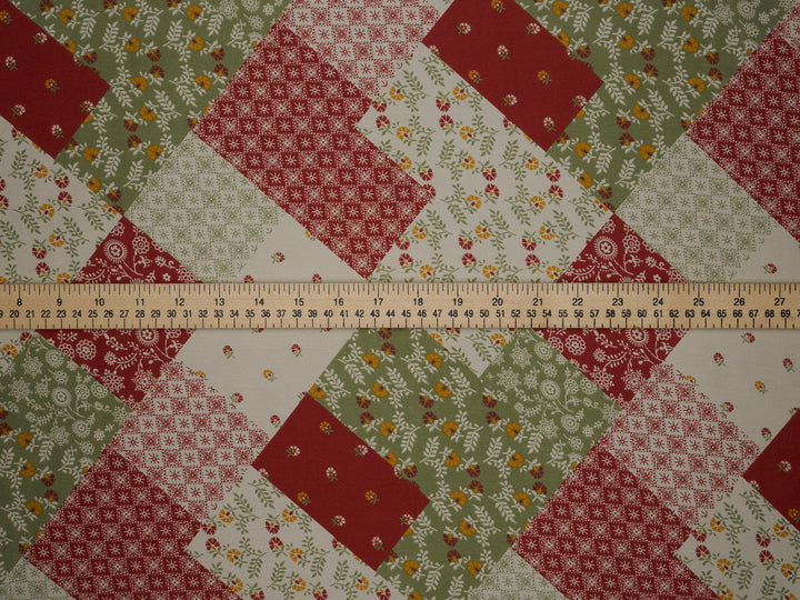 Ivory and red   floral  Patchwork  print -  silky satin  Lightweight   fabric