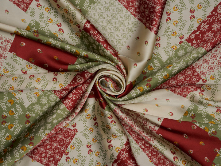 Ivory and red   floral  Patchwork  print -  silky satin  Lightweight   fabric
