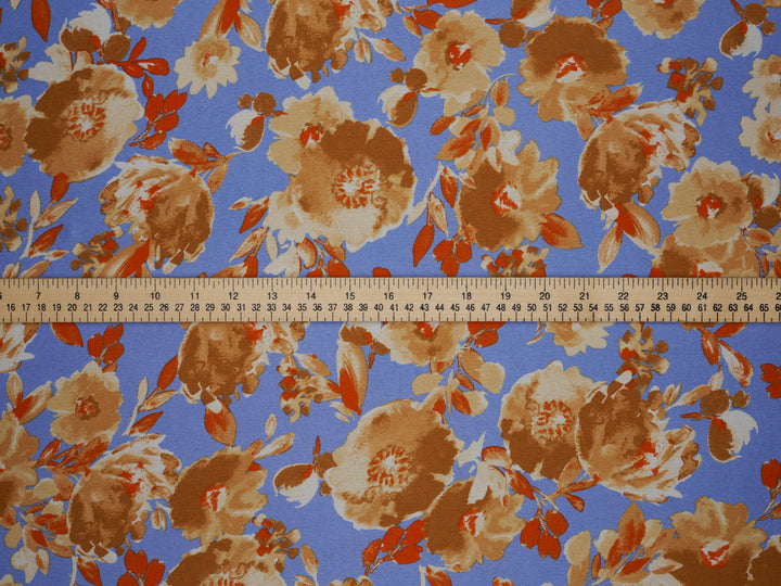 Sky  Blue  and golden brown   floral    print -  silky satin  Lightweight   fabric