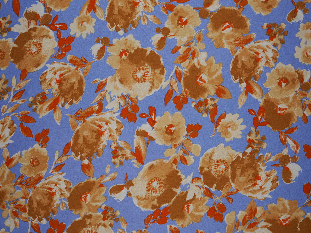 Sky  Blue  and golden brown   floral    print -  silky satin  Lightweight   fabric