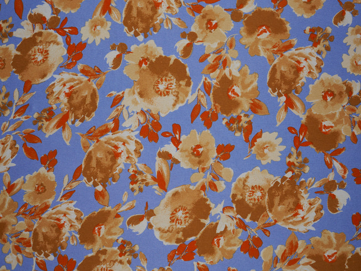 Sky  Blue  and golden brown   floral    print -  silky satin  Lightweight   fabric
