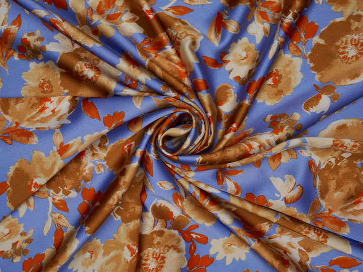Sky  Blue  and golden brown   floral    print -  silky satin  Lightweight   fabric