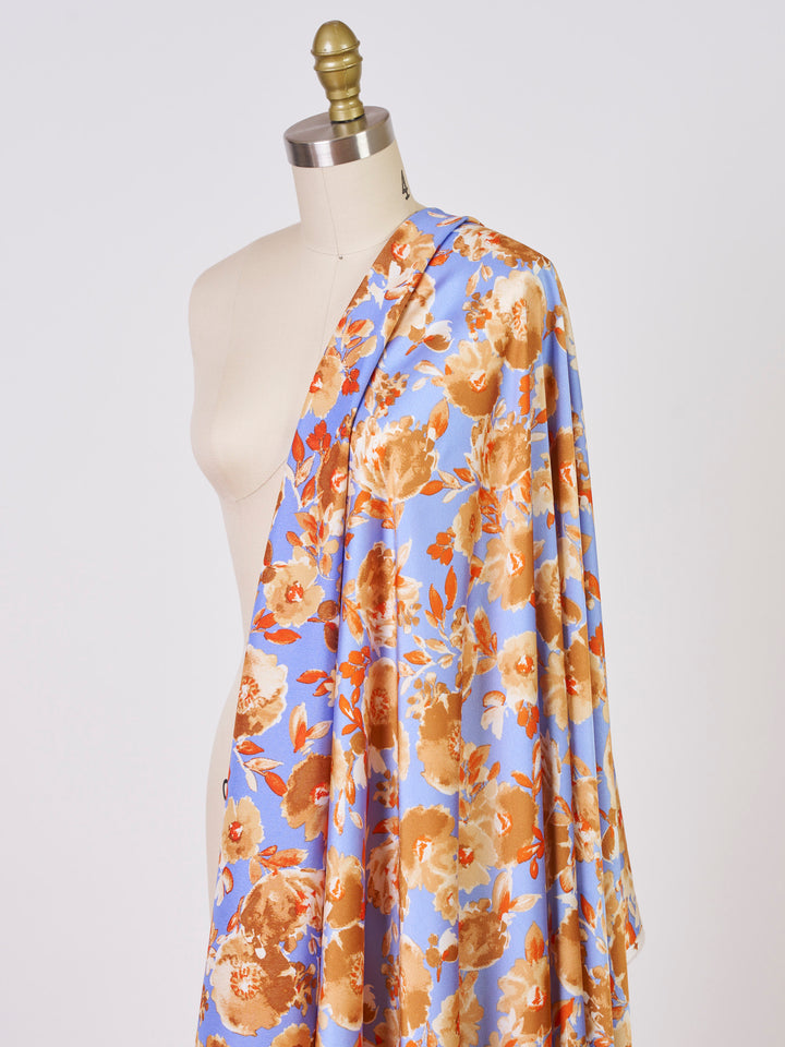 Sky  Blue  and golden brown   floral    print -  silky satin  Lightweight   fabric
