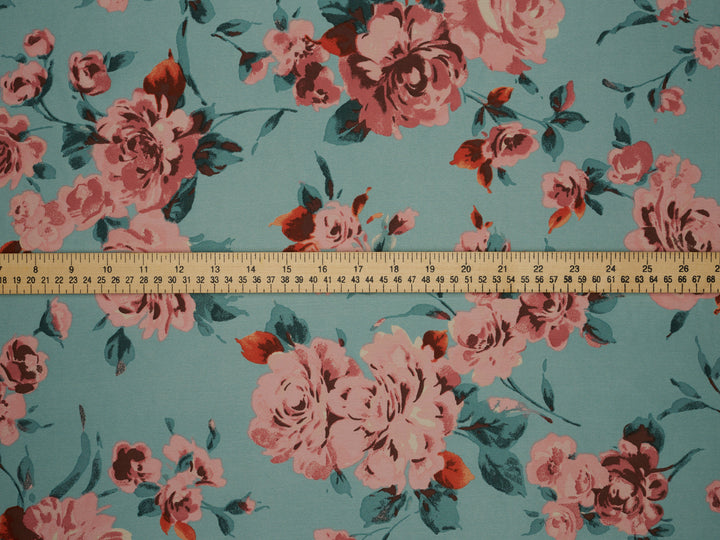 Lightweight  satin  fabric by the yard - Aqua and coral  floral  print