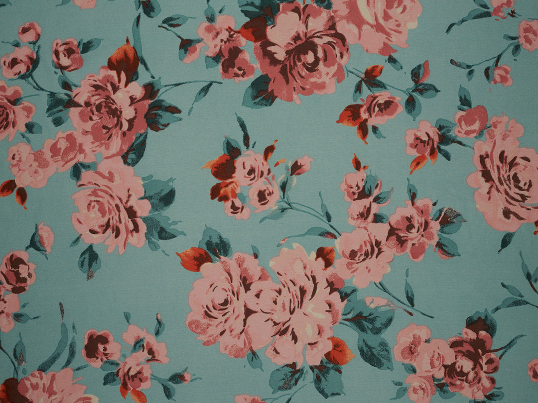 Lightweight  satin  fabric by the yard - Aqua and coral  floral  print