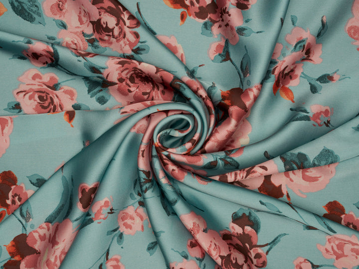 Lightweight  satin  fabric by the yard - Aqua and coral  floral  print
