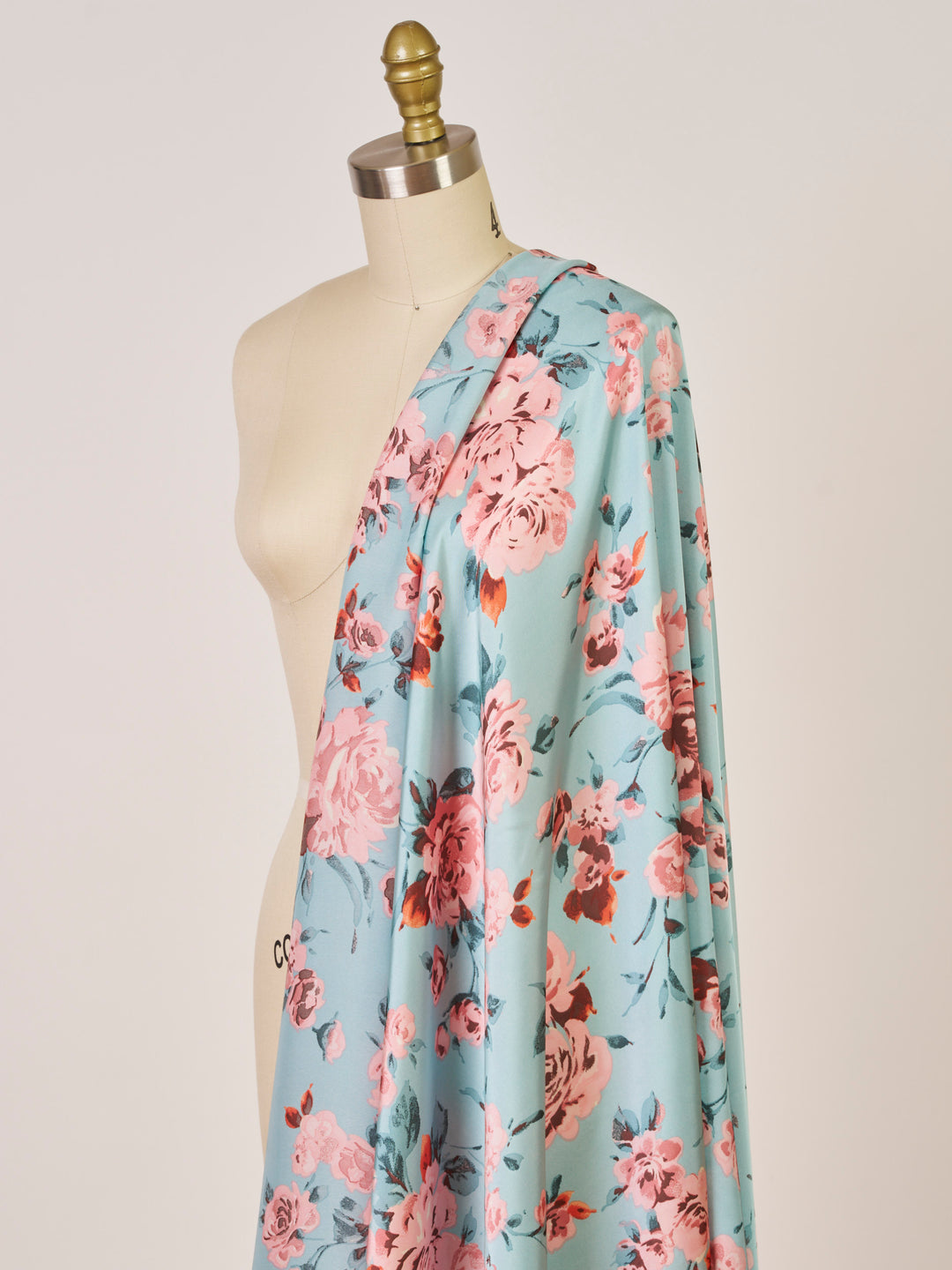 Lightweight  satin  fabric by the yard - Aqua and coral  floral  print