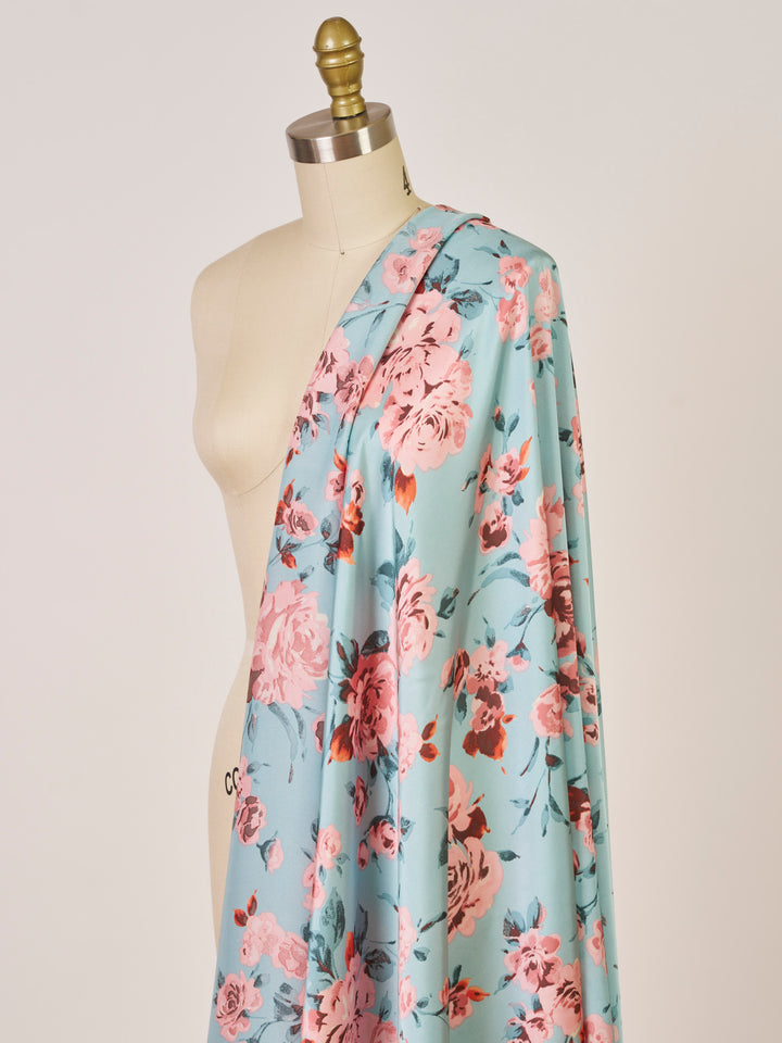 Lightweight  satin  fabric by the yard - Aqua and coral  floral  print