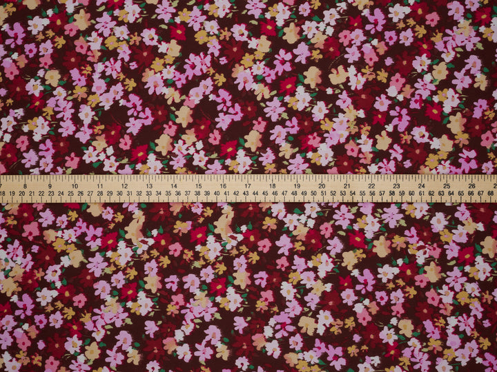 Lightweight  satin fabric by the yard - Burgundy brown pink  dainty floral pattern