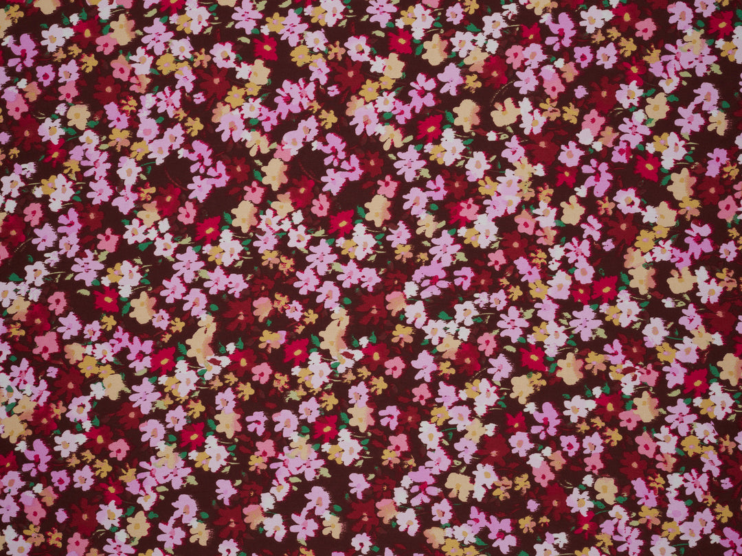Lightweight  satin fabric by the yard - Burgundy brown pink  dainty floral pattern