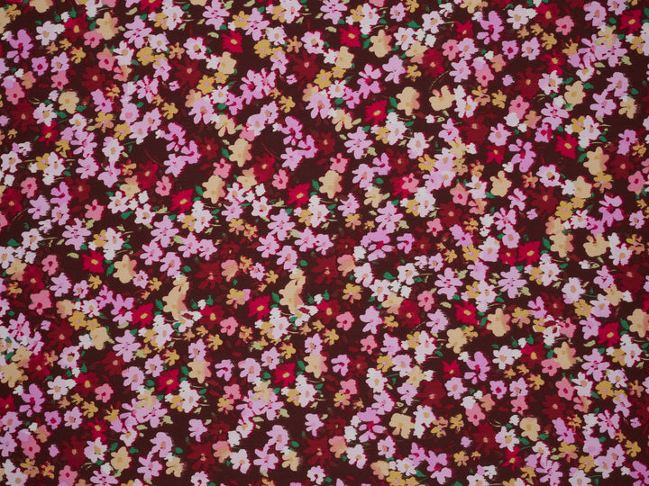Lightweight  satin fabric by the yard - Burgundy brown pink  dainty floral pattern