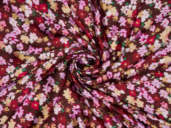Lightweight  satin fabric by the yard - Burgundy brown pink  dainty floral pattern