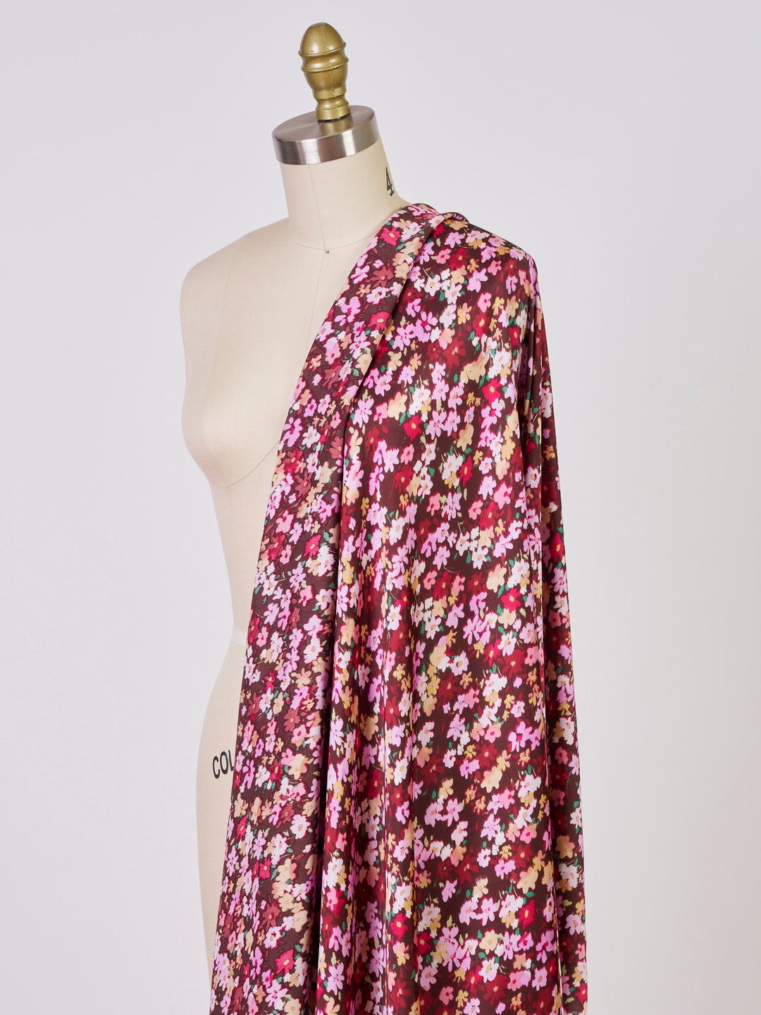 Lightweight  satin fabric by the yard - Burgundy brown pink  dainty floral pattern