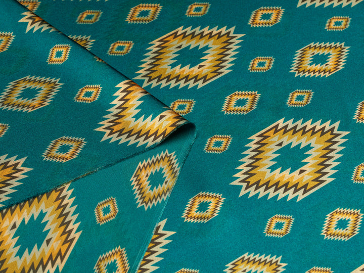 Turquoise Western Tribal  Satin Charmeuse Fabric by the Yard – Silky Cowboy Wild rag  Shirt Fabric