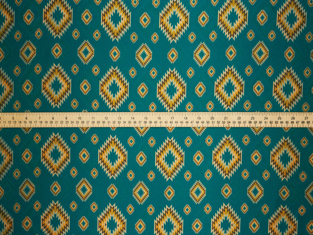 Turquoise Western Tribal  Satin Charmeuse Fabric by the Yard – Silky Cowboy Wild rag  Shirt Fabric