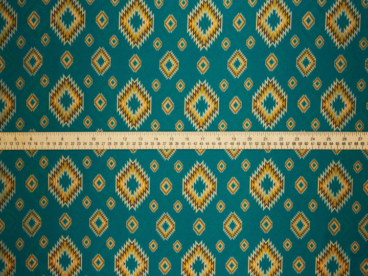 Turquoise Western Tribal  Satin Charmeuse Fabric by the Yard – Silky Cowboy Wild rag  Shirt Fabric