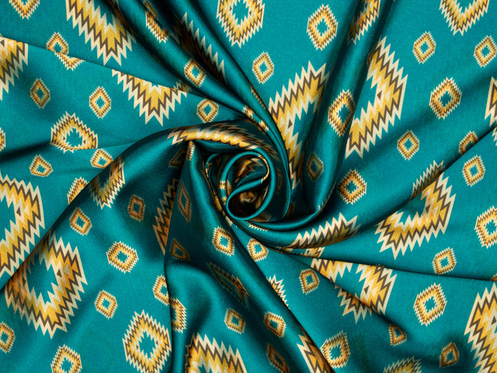 Turquoise Western Tribal  Satin Charmeuse Fabric by the Yard – Silky Cowboy Wild rag  Shirt Fabric