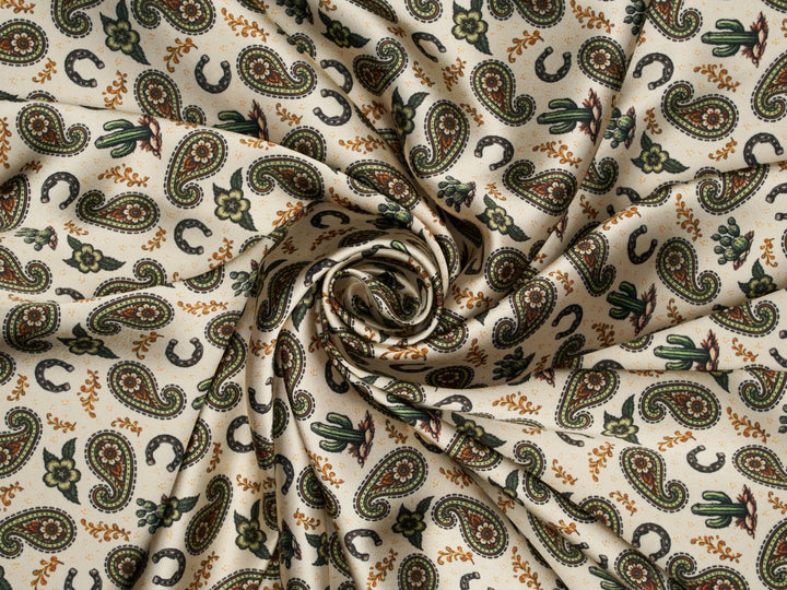 Green Paisleys n’ Cactus   - Silky Satin Charmeuse print - fabric by the yard -