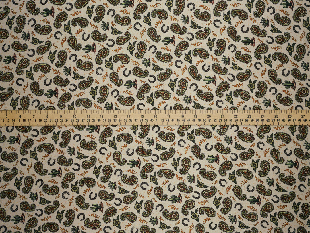Green Paisleys n’ Cactus   - Silky Satin Charmeuse print - fabric by the yard -