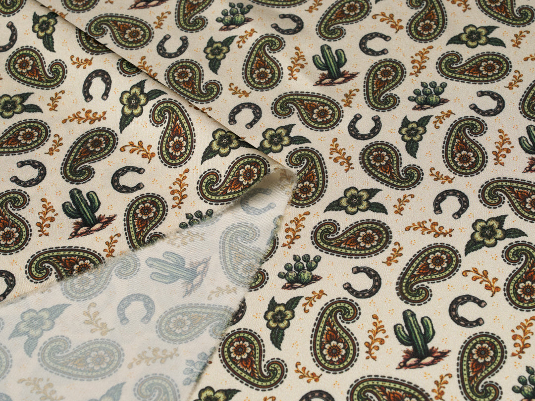 Green Paisleys n’ Cactus   - Silky Satin Charmeuse print - fabric by the yard -