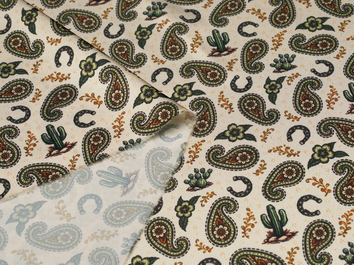 Green Paisleys n’ Cactus   - Silky Satin Charmeuse print - fabric by the yard -