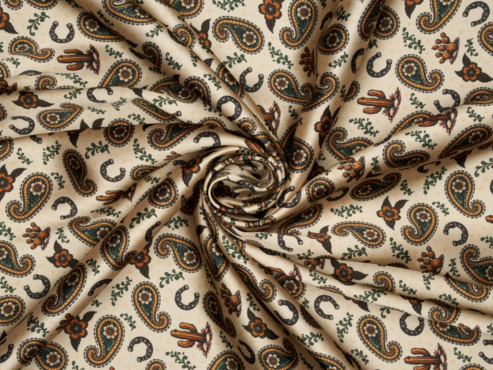 Rust Paisley n’ Cactus   - Silky Satin Charmeuse print - fabric by the yard -