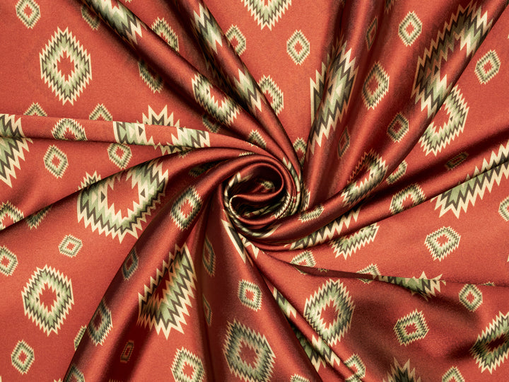 Rust Western Tribal  Satin Charmeuse Fabric by the Yard – Silky Cowboy Wild rag  Shirt Fabric