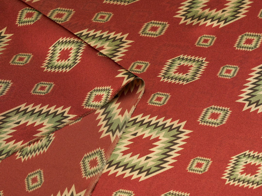 Rust Western Tribal  Satin Charmeuse Fabric by the Yard – Silky Cowboy Wild rag  Shirt Fabric
