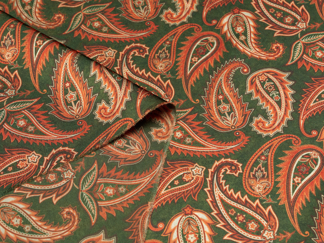 BEYLA  Olive Paisley Print - Satin Charmeuse Fabric by the Yard –
