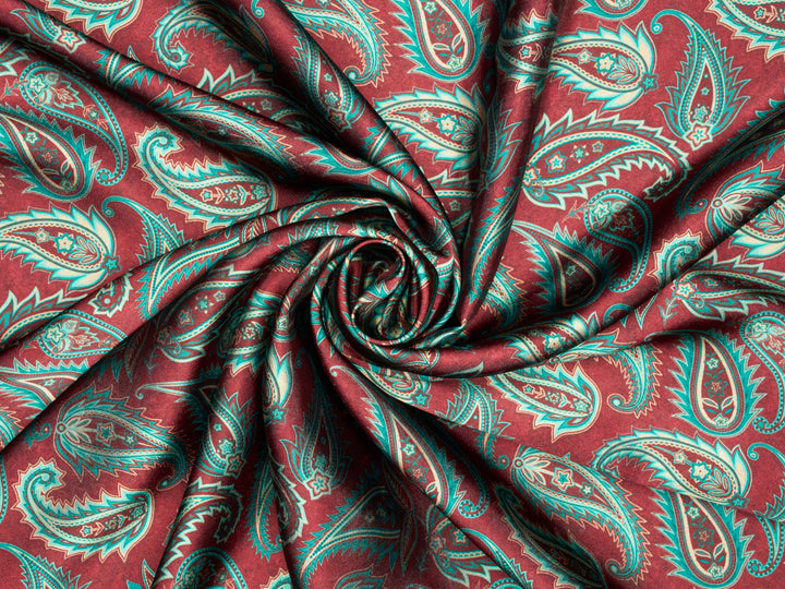 BEYLA  Burgundy Paisley Print - Satin Charmeuse Fabric by the Yard –