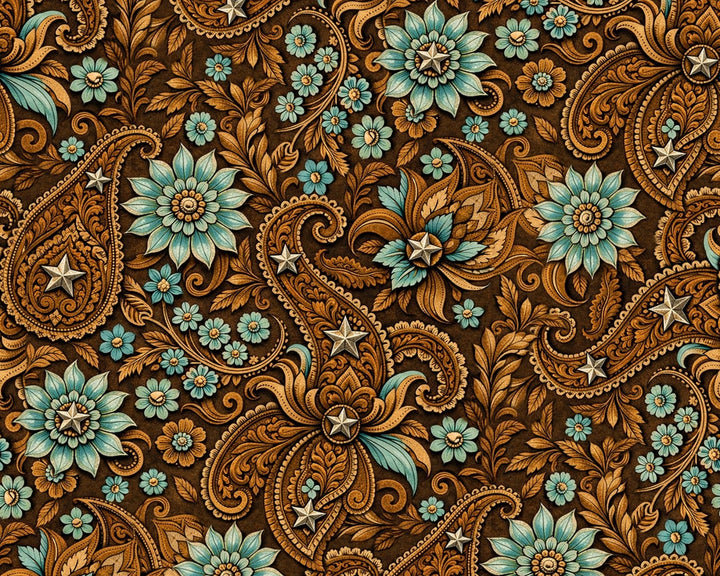 Western Brown and Aqua Paisley Satin Charmeuse Fabric by the Yard – Silky Cowboy Shirt  Fabric