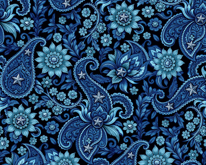 Western Black and Blue Paisley Satin Charmeuse Fabric by the Yard – Silky Cowboy Wild rag  Shirt Fabric