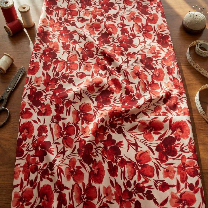 Full-length flat-lay of red floral satin fabric spread on a polished wooden surface highlighting its width and vibrant pattern.