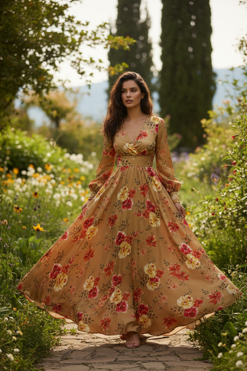 Flowing Mocha Floral Satin Dress - Version 2