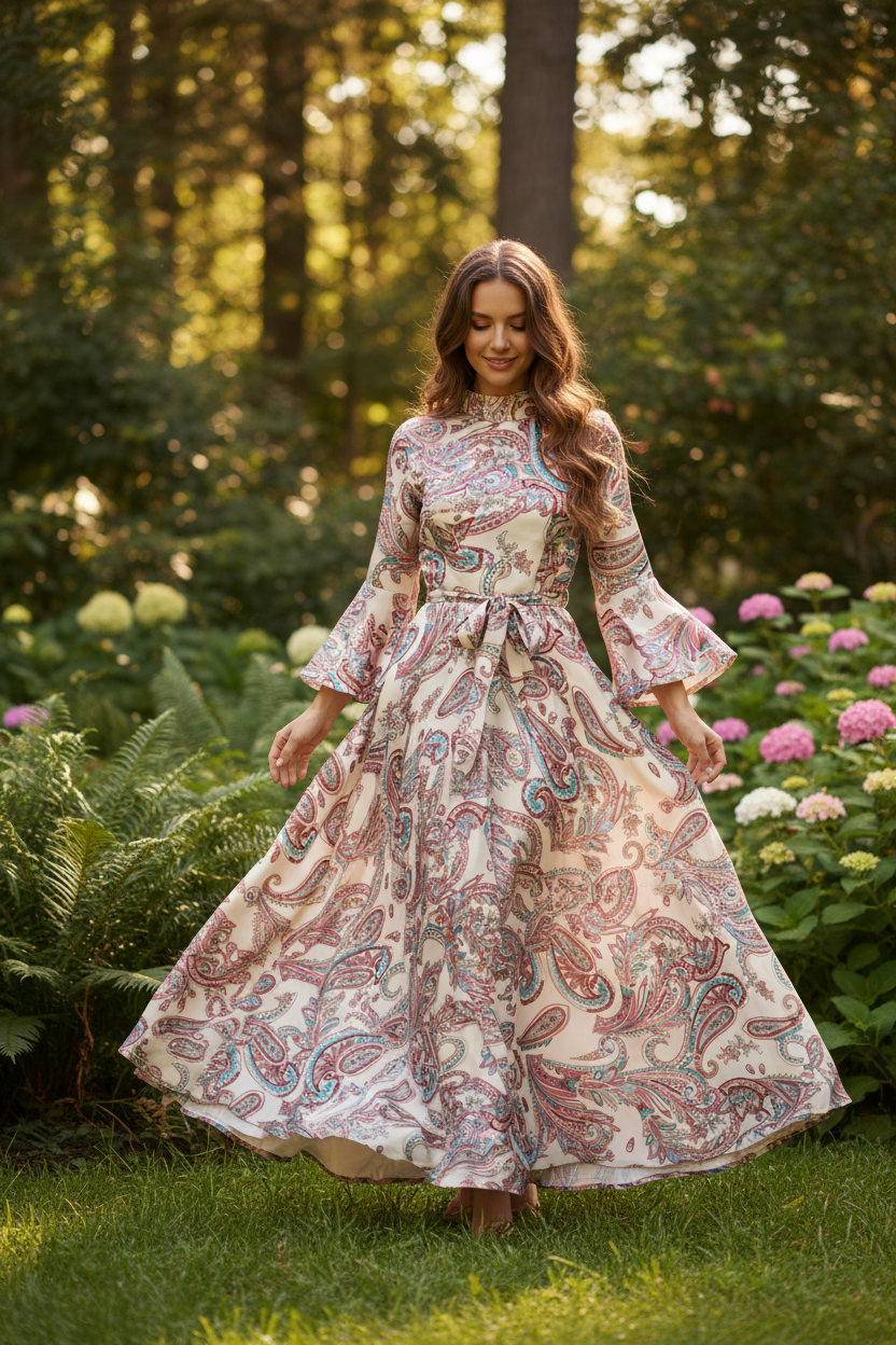 Flowing Off White Paisley Satin Dress