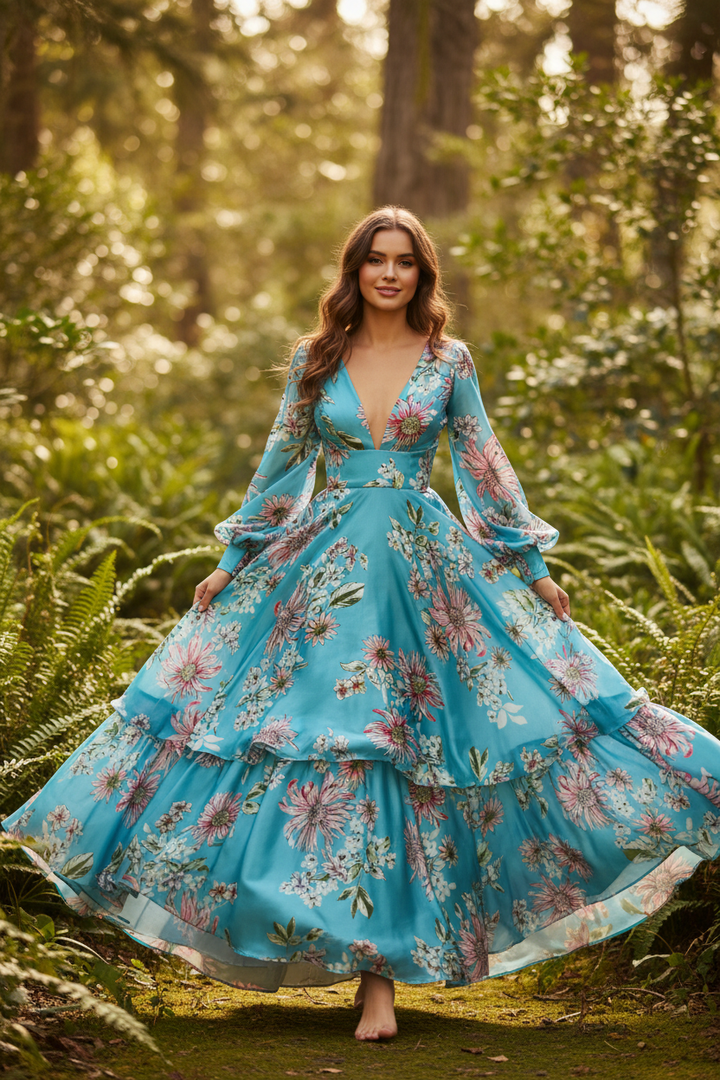 Flowing dress made from lightweight pink and white floral satin fabric in an outdoor setting