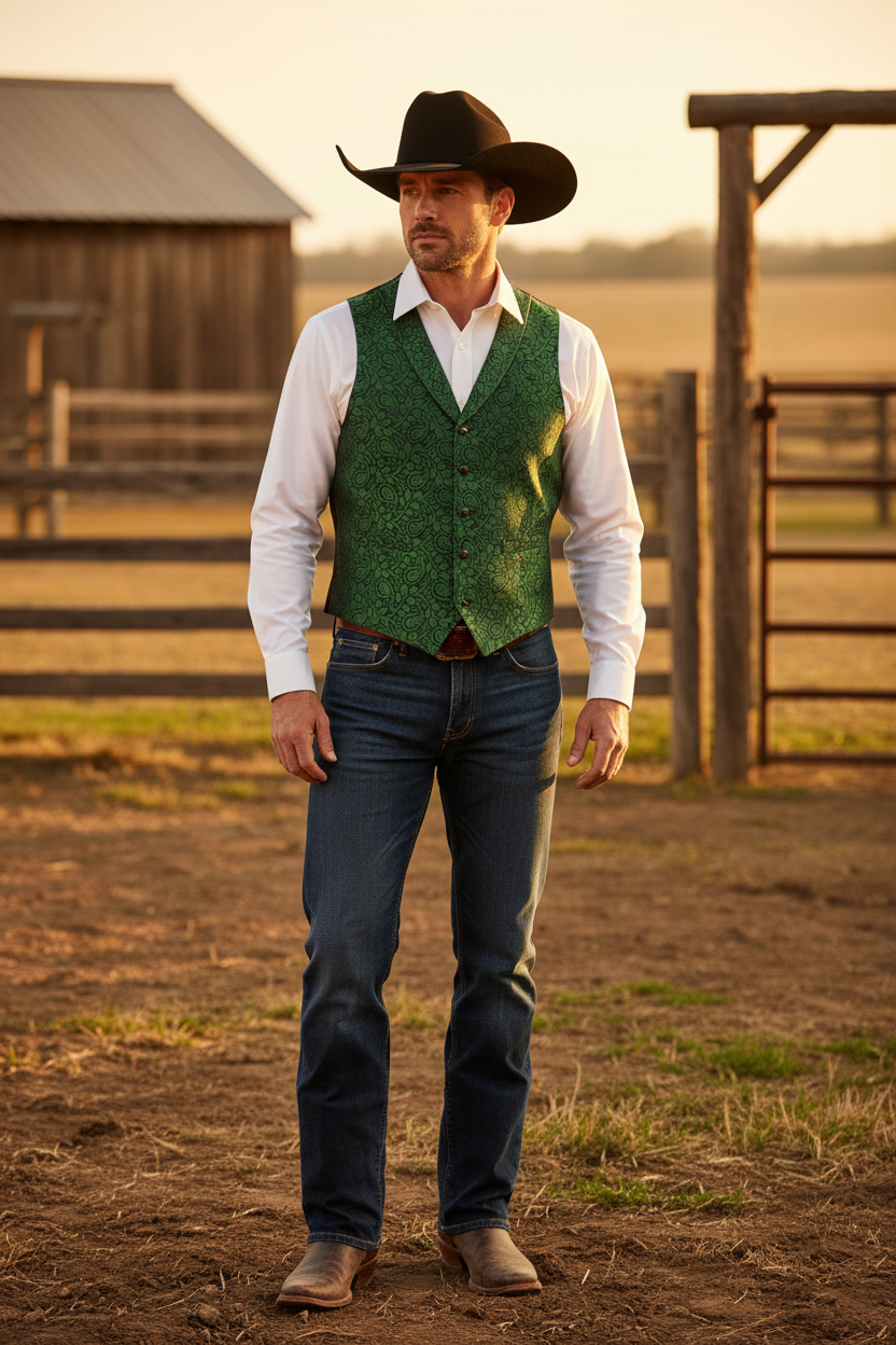 Male model wearing a tailored western vest made from black and green paisley print silky satin charmeuse fabric