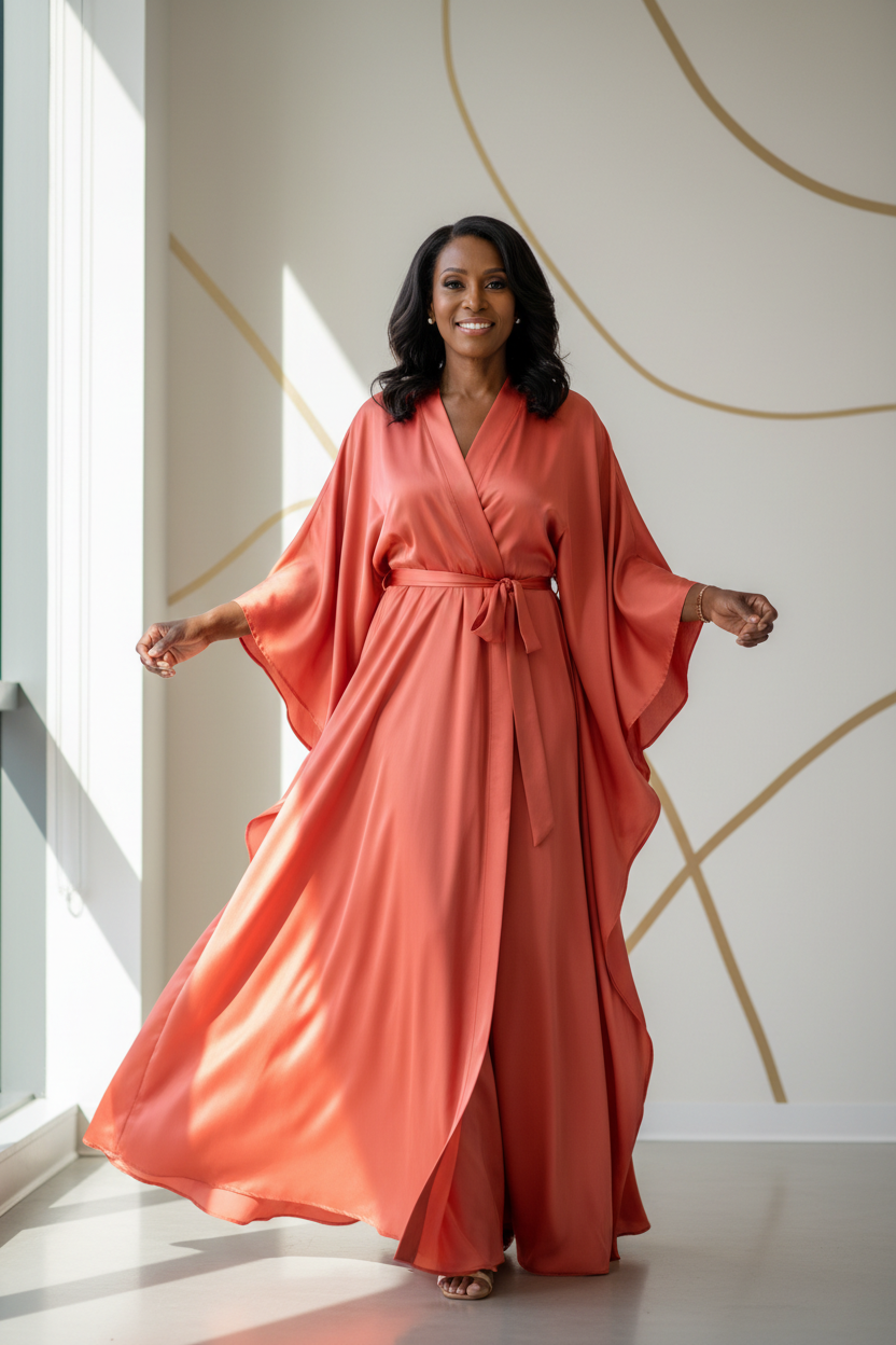 African American woman wearing a sunset coral satin kaftan robe dress with matching waist sash