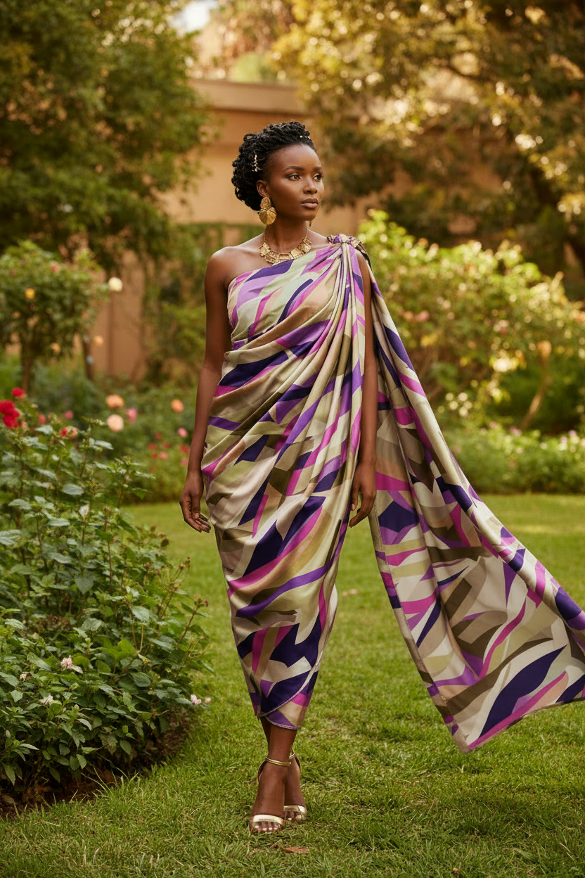 African model wearing a Rwandan Mushanana dress in colorful geometric print faux silk charmeuse satin in an outdoor setting