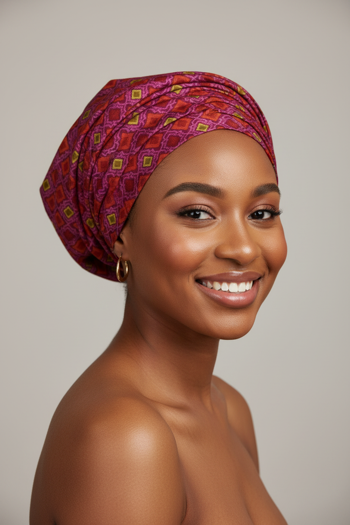 Young African woman wearing an ichafu bonnet head wrap made from burgundy geometric squares charmeuse satin fabric