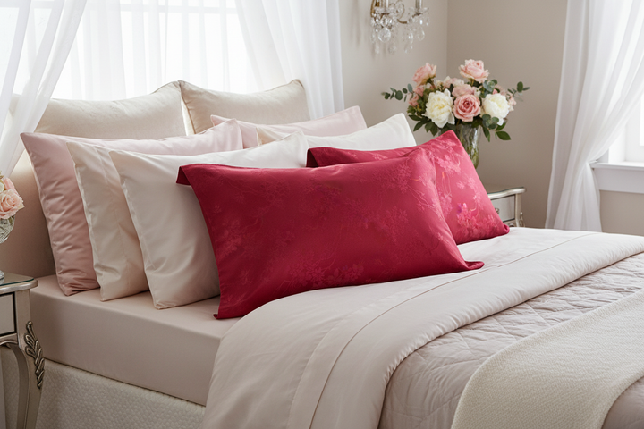 Luxury pillowcases styled on a soft opulent feminine bedroom