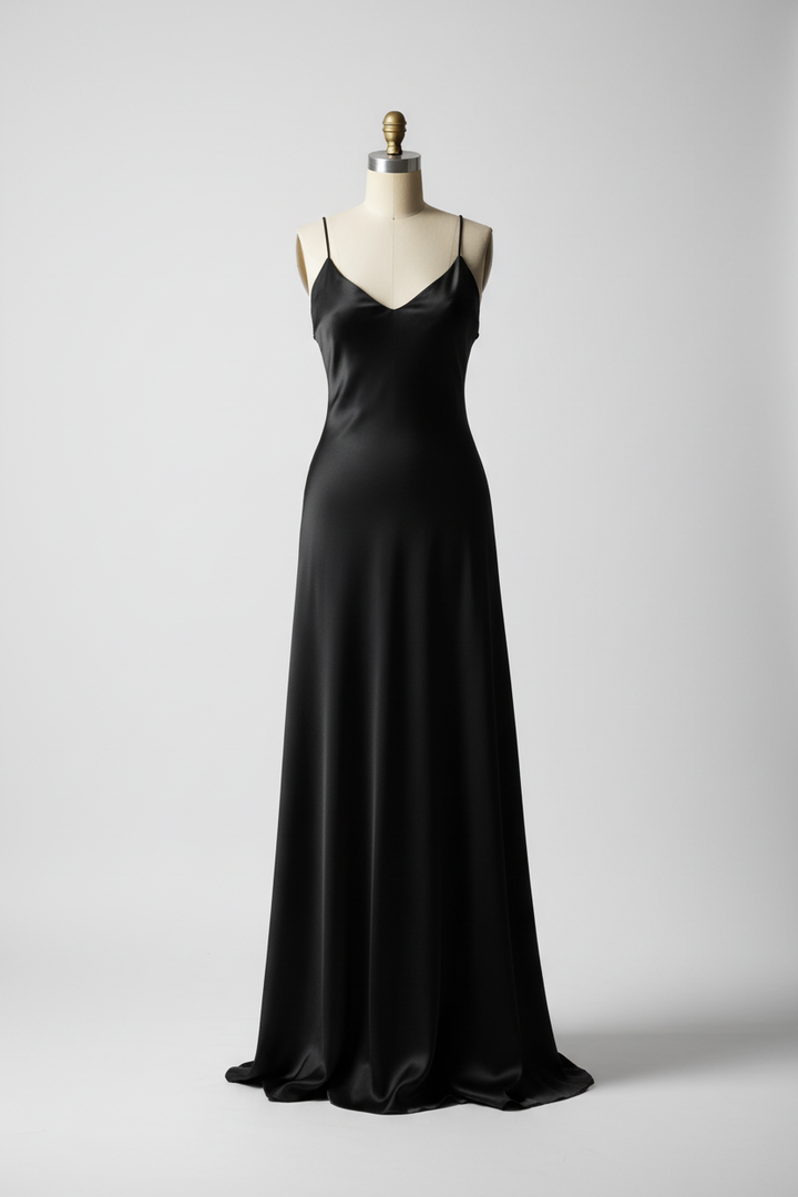Dress form wearing a flowy black silk charmeuse bias-cut dress
