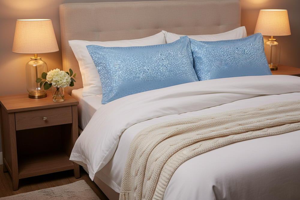 Cozy bedroom with light blue small animal print jacquard satin pillowcases on plush white bedding