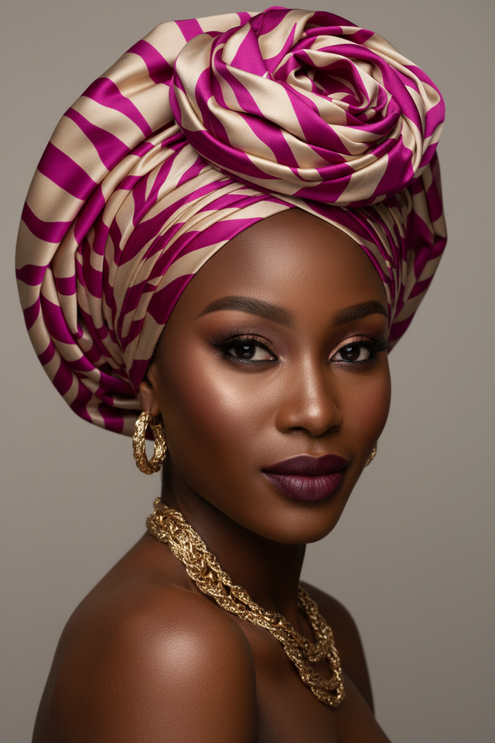 African model wearing a regal animal print faux silk charmeuse satin gele head wrap