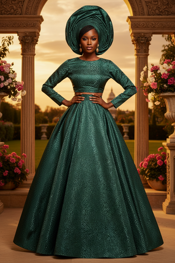 Full coordinated look with Gele head tie, matching top and flowing skirt in hunter green small animal jacquard satin