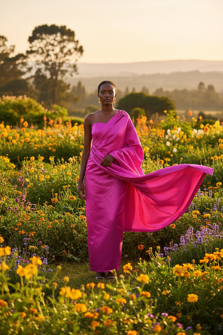 Elegant Mushanana traditional Rwandan dress in small animal jacquard satin styled in a lush outdoor golden hour setting